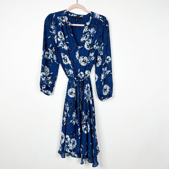 White House Black Market Floral Print Faux Wrap Dress Long Sleeve Navy 10 #BAG3 - Picture 2 of 8